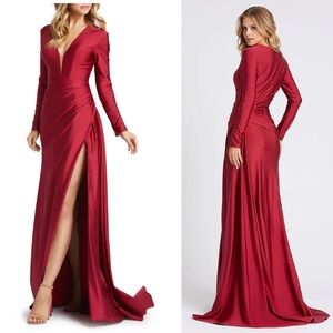 Mac Duggal Long-Sleeve Thigh-Slit Satin Gown